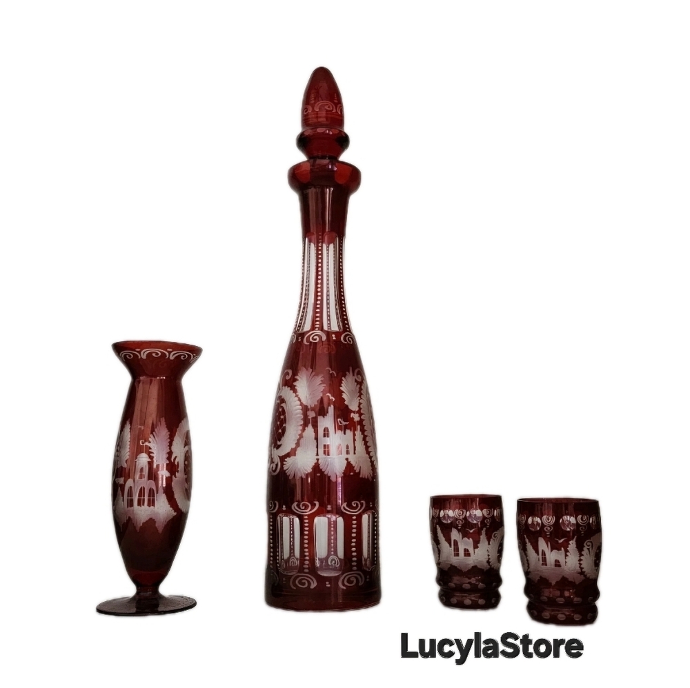 Antique Volmer 1888 Cut To Clear Ruby Red Glass Wine Decanter Set Glasses & Vase